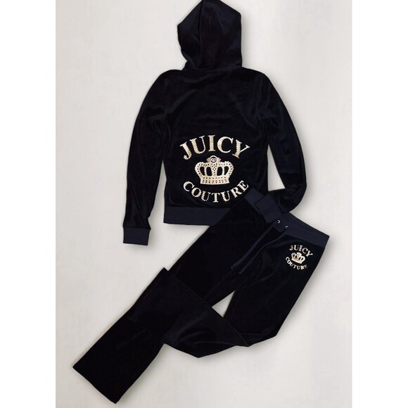 Juicy Couture Tracksuit Black Velour Gold Multi-Color Bling Crown Logo Y2K Sm-M - Picture 1 of 16